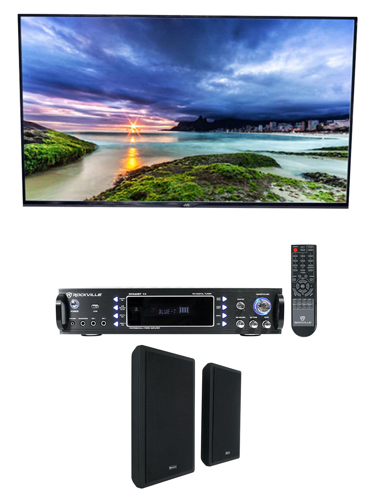 Rockville Bundle: RPA60BT V2 1000 Watt 2-Ch USB Amplifier Mixer Bundle with Pair of RockSlim Black Home Theater 5.25" Slim Speakers (2 Items)