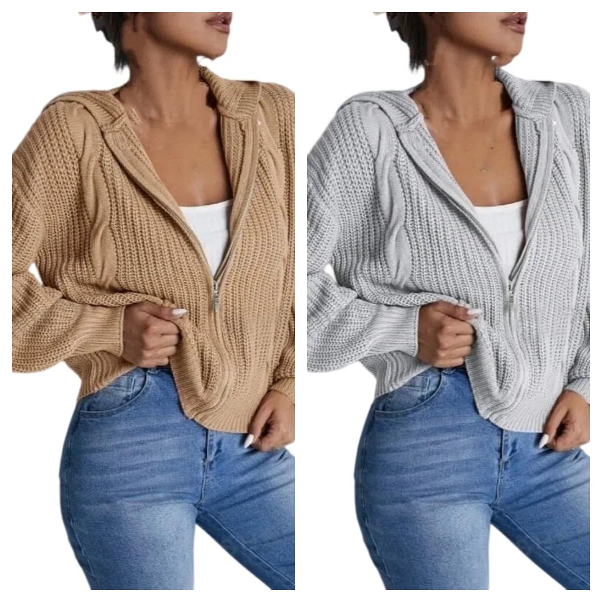 Cardigan Femme, Gilet Court À Capuche pour Femme, en Maille Torsadée, Manches Bouffantes, Fermeture Éclair Intégrale, Veste Cardigan Décontractée, Manteau Confortable À Superposer pour L'Autom