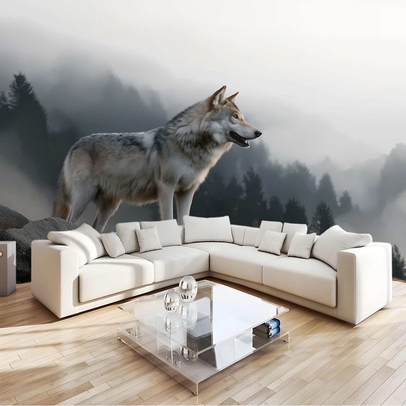 Fototapeta ze zwierzętami, wilkami, 500 x 280 cm, efekt 3D, obraz ścienny, tapeta ścienna, nowoczesna tapeta ścienna, do salonu, pokoju dziecięcego, sypialni, tło TV, dekoracja ścienna, szara