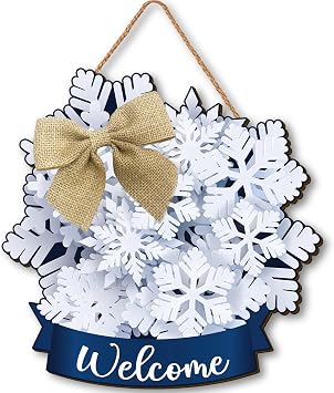 Clothmile Winter Snowflake Welcome Door Sign, Blue and White, 12 x 12 inches, Wooden, Hanging/Wall Mount