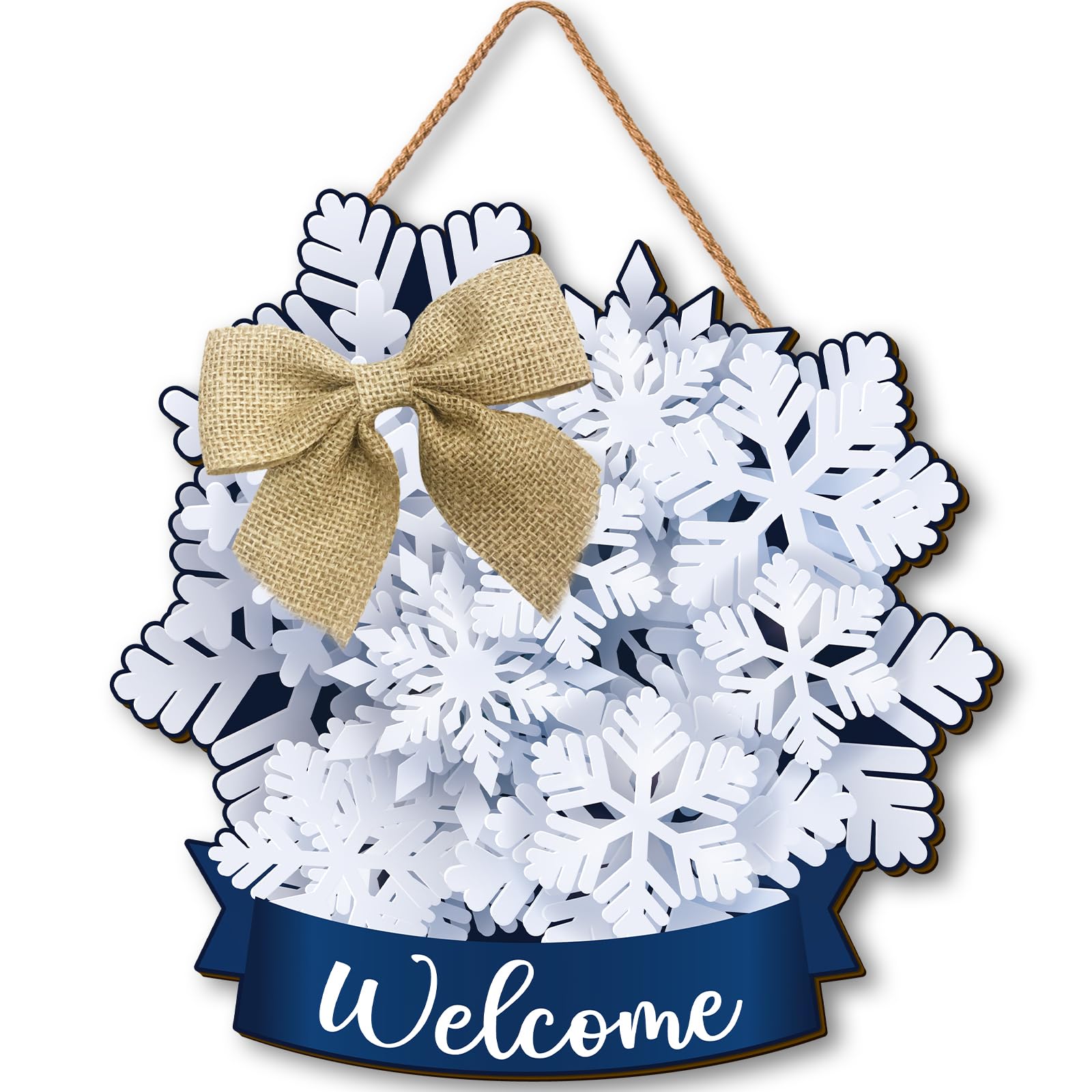 Clothmile Winter Snowflake Welcome Door Sign, Blue and White, 12 x 12 inches, Wooden, Hanging/Wall Mount