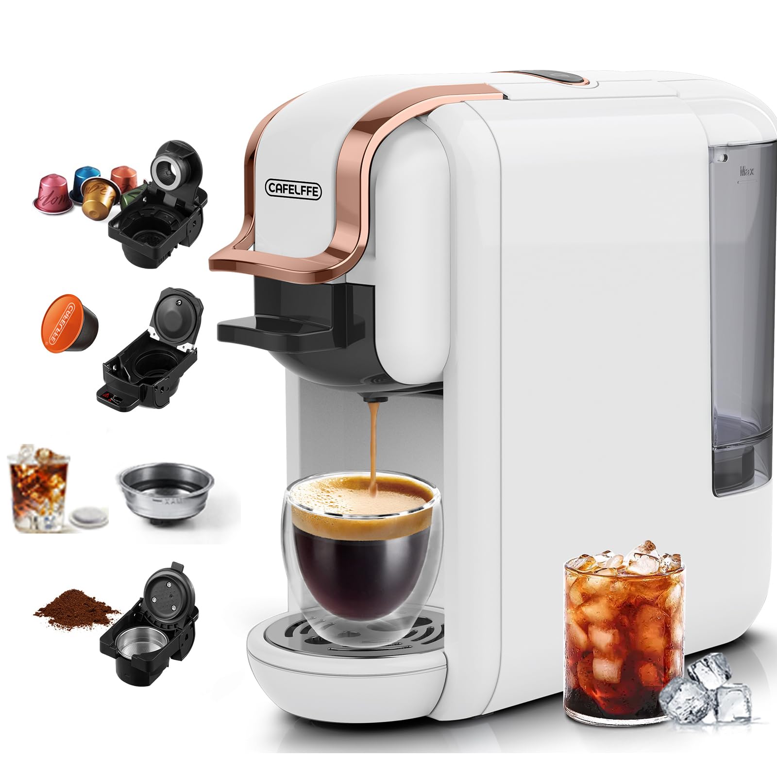Cafelffe MK-603 Machine à café multi-capsules 4-en-1 pour une seule portion, Machine à expresso chaud/froid 19 bars, Compatible avec les dosettes et le café moulu Nes Original/DG/ESE, 1450W, blanc