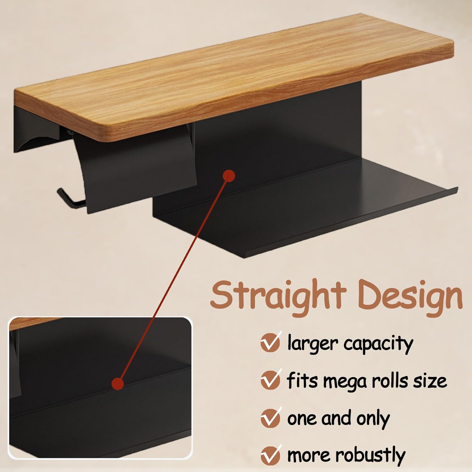 Double Toilet Paper Holder with Phone Shelf – Solid Wood Board & Rustproof Steel, Wall-Mounted Bathroom Tissue Holder for 2 Mega Rolls (Stud-Mount Only)