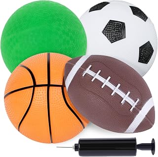 LovesTown 4-Pack 5-Inch Toddler Sports Balls: Soccer, Basketball, Playground Ball & 7-Inch Football with Pump for Kids 1-3, Indoor Outdoor Play