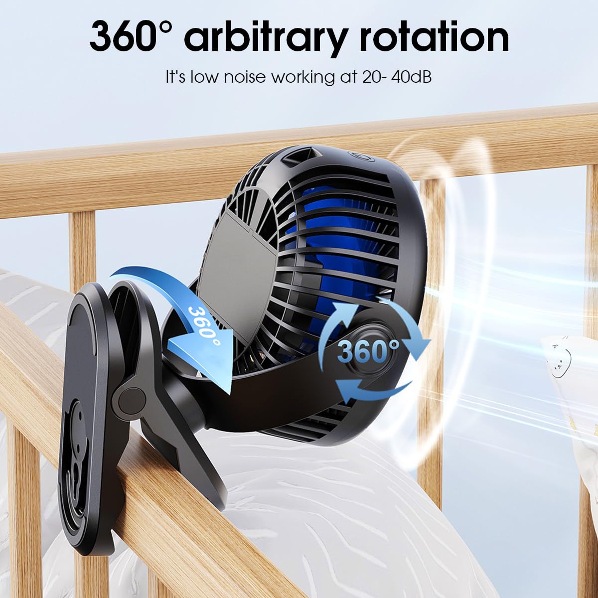 WASAGA Tragbarer Clip Auf Lüfter, Batteriebetriebener Kinderwagenventilator mit 4000mAh & LED-Anzeige & 3 Geschwindigkeiten Mini Persönlicher Kühlender Tischventilator für Golfwagen (Schwarz)