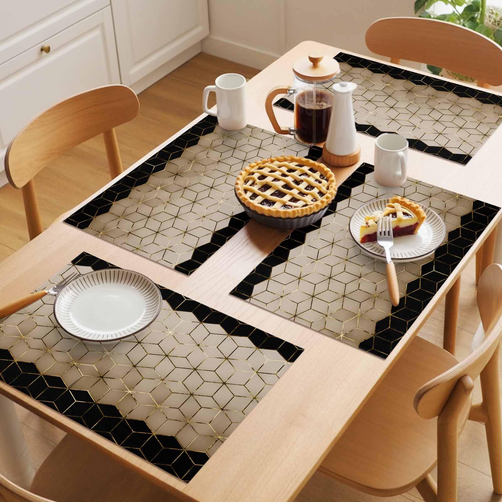 Juego de 6 manteles individuales con patrón geométrico, cubos de arte abstracto, color marrón, negro, dorado, resistentes al calor, antideslizantes, de arpillera, para mesa de comedor, cocina, fiesta,