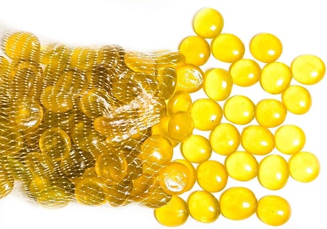 ARSUK Decorative Glass Pebbles Yellow Color, Stones Beads Rounded Gems Flat Marble, Vase Filler, Fire Artificial Crystal Gemstones for Aquarium, Mosaic Tiles Vases Craft, Garden Flowerpot (70-80pcs)