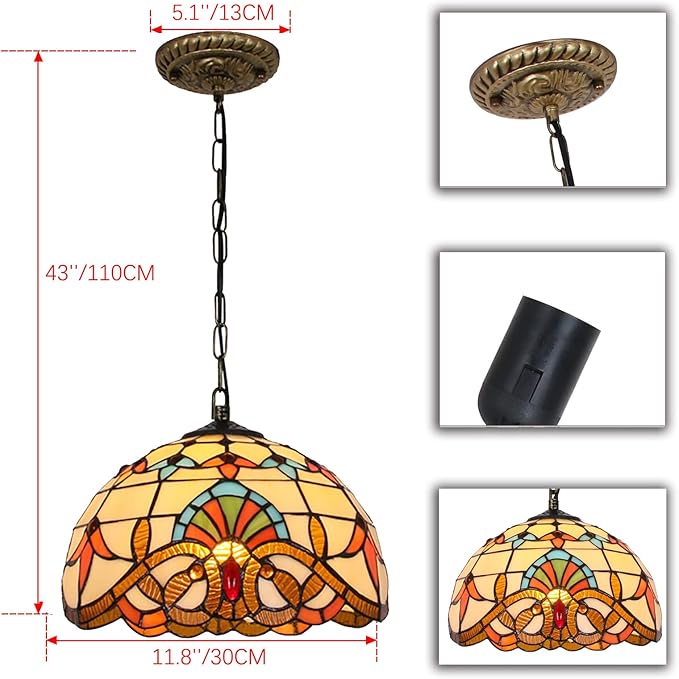 BAJEKO Barok 12 inch Tiffany Tegenhanger Licht Inrichting voor Keuken Eiland Eetkamer, Antiek Gebrandschilderd Glas Handwerk Hangende Lamp voor Bar Hal Slaapkamer Ingang Woonkamer photo 3
