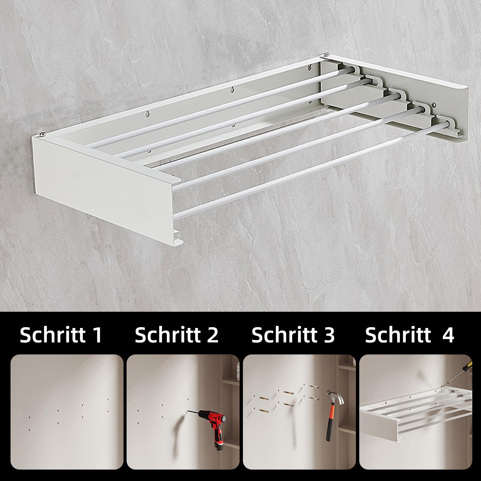 TWSOUL Wäscheständer Wandmontage, Wäschetrockner Wand mit 4 Stangen, Trockenständer 50cm, Ausziehbar, Faltbar Hide, Platzsparender, Kohlenstoffstahl, für Badezimmer, Balkon, Terasse (Weiß ohne Haken)