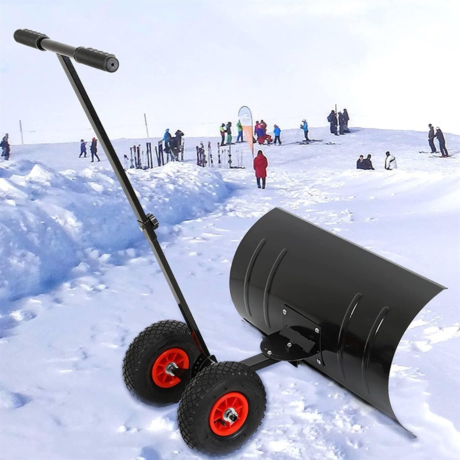 JOCHEN 2- Snow Pusher Shovel, Heavy Duty Rolling Snow Pusher with Adjustable Handle & Anti-Skid Wheels and Winter Gloves Snowa Removal Tool for Driveway Garden Pavement
