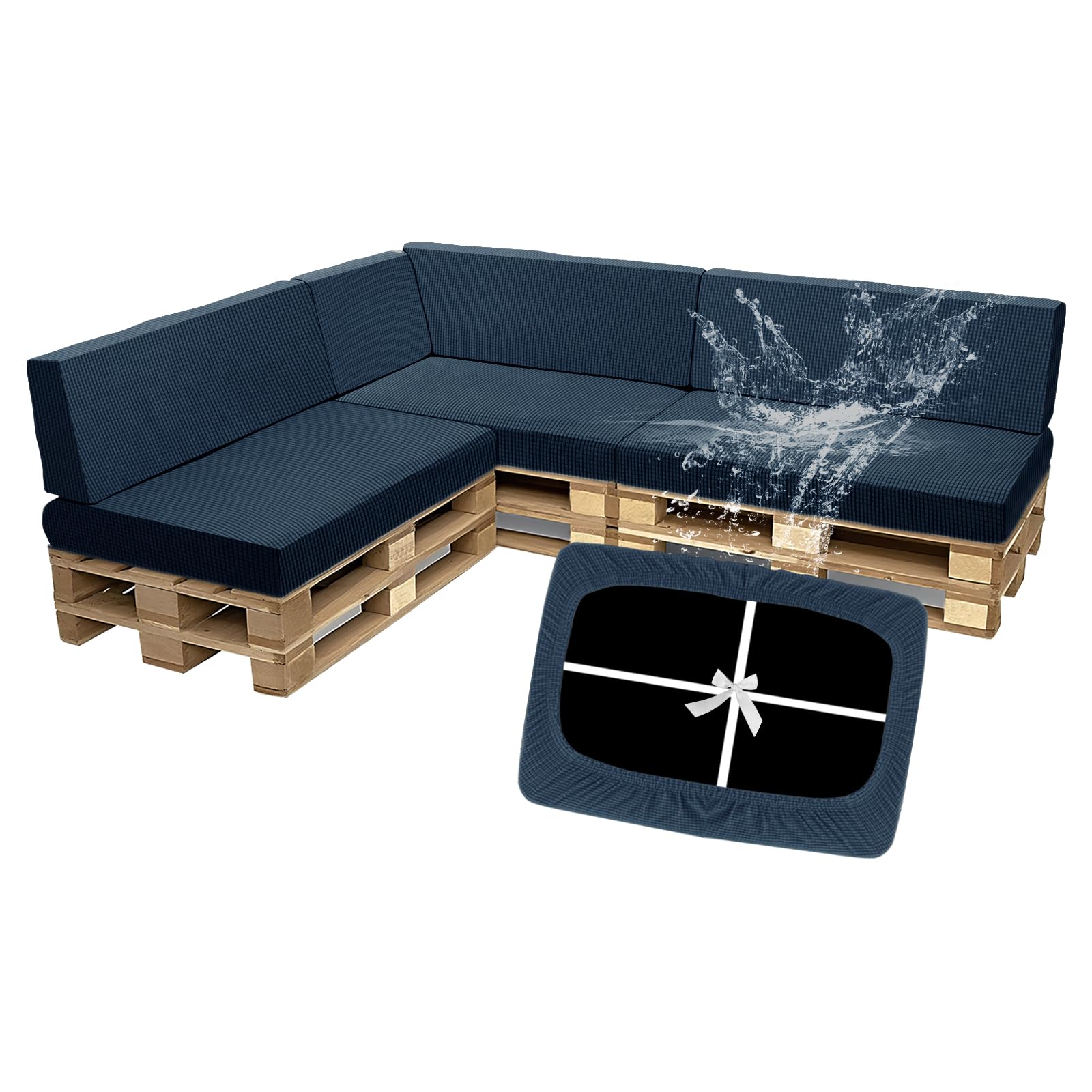 SYLC Waterproof Pallet Cushions Covers, Stretch Cover for Pallet Furniture Cushions with 4 Ties, Outdoor Corner Sofa Covers for Rattan Patio Garden Caravan (Denimblue,7 PCS(3 Seats+4 Backs))
