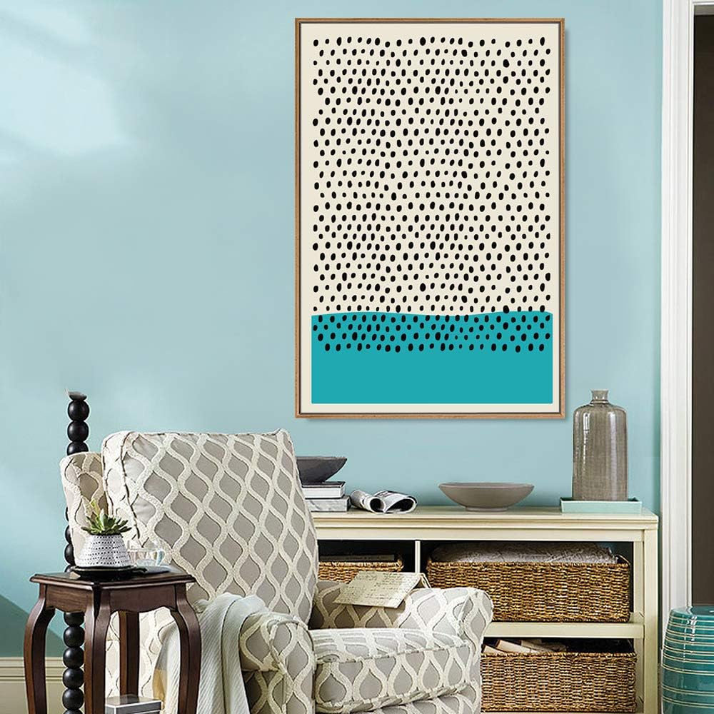 IDEA4WALL Framed Canvas Print Wall Art Black Dots with Teal Color Block Geometric Shapes Illustrations Modern Art Mid-Century Modern Ultra for Living Room, Bedroom, Office - 16"x24" Natural
