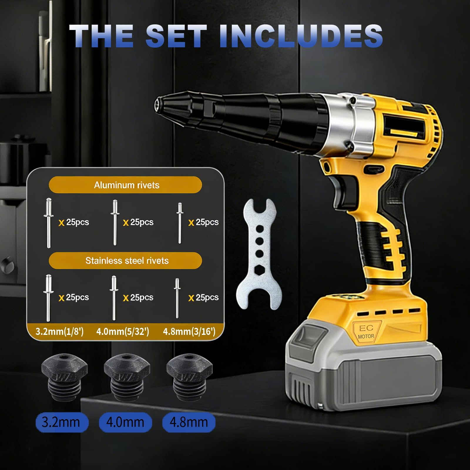Rivettatrice senza fili 2026 compatibile con batteria Dewalt da 20 V, pistola rivettatrice professionale da 20 V, kit di rivettatrici cieche senza spazzole per rivetti da 1/8", 5/32", 3/16