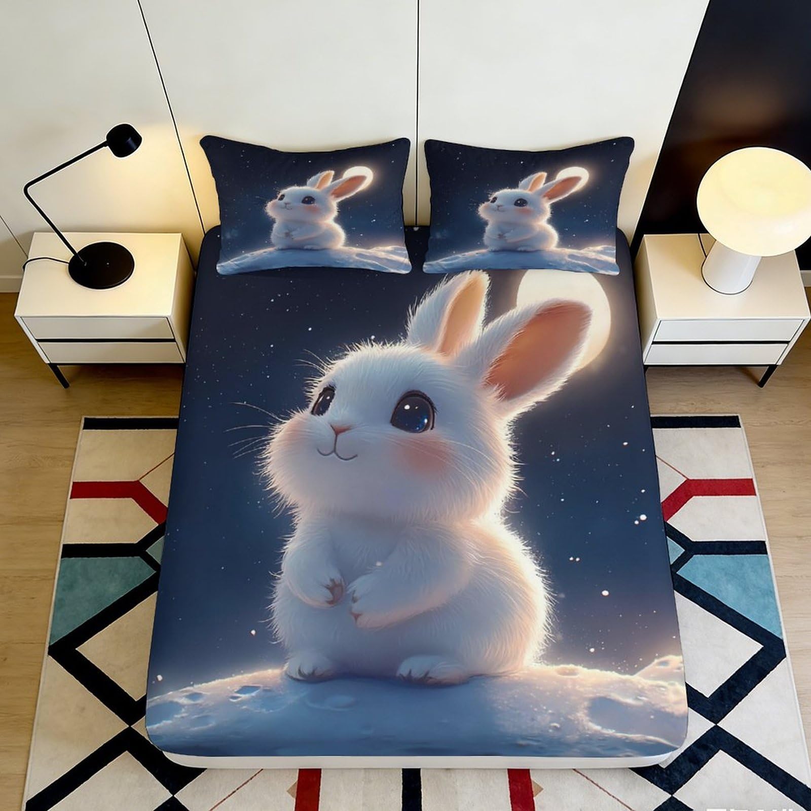 3D Printed Cute Bunny Fitted Sheet Microfiber Soft Breathable Starry Night Bed Cover for Bedroom Dormitory Guest Room Mattress Protection Decor 160x200x25cm