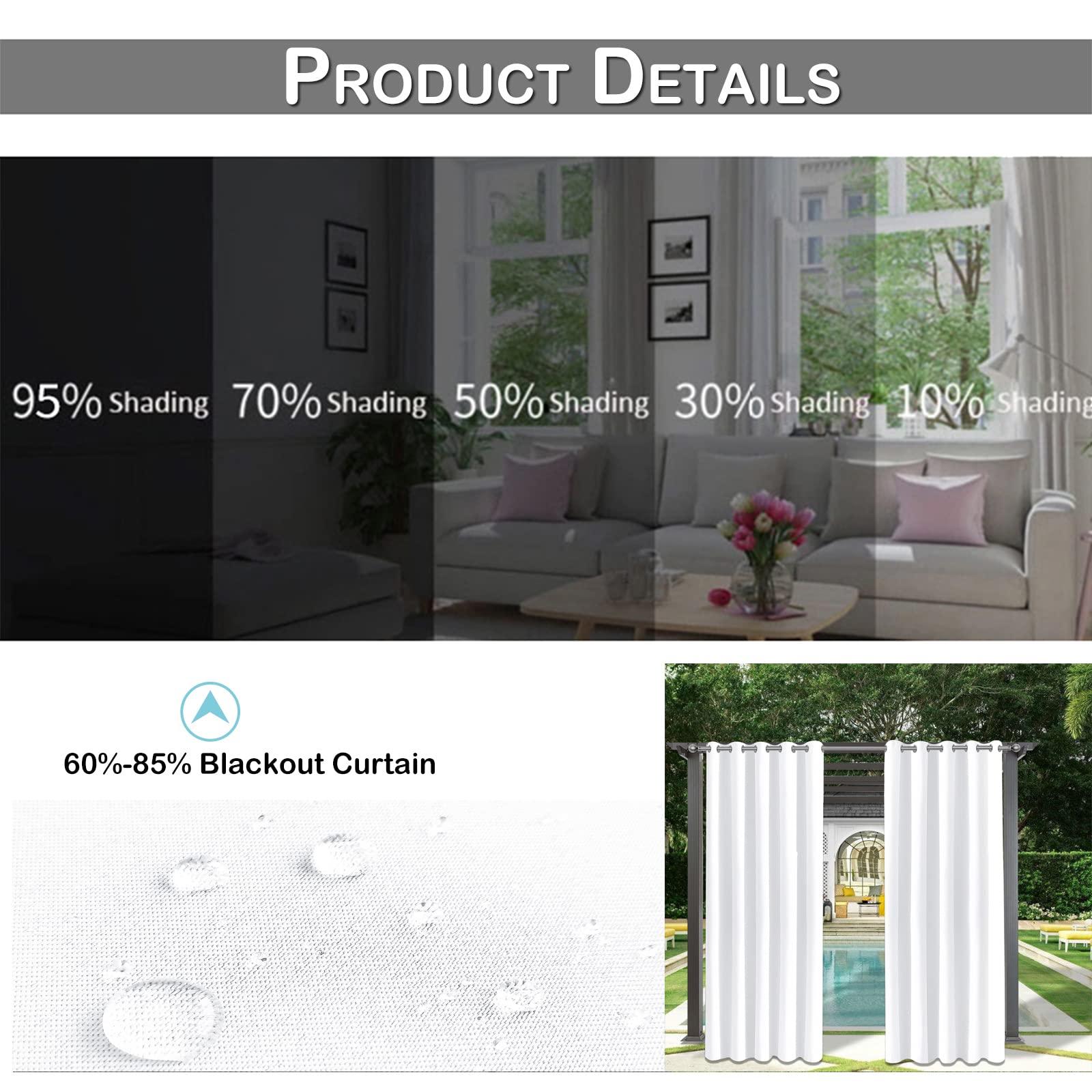 Rosnek Outdoor Vorhang Wetterfest mit Ösen,Outdoorvorhänge B 180xH 243cm Outdoor Vorhänge Wasserdicht Außenvorhang,Winddicht Balkon Gardinen für Terrasse,Pergola,Pavillon,1 Stück,Obere Ösen