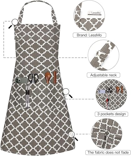 Miniatura 9 de LessMo Delantales de cocina con 3 bolsillos para hombres y mujeres, delantal de chef ajustable de algodón de grado profesional para cocina, barbacoa