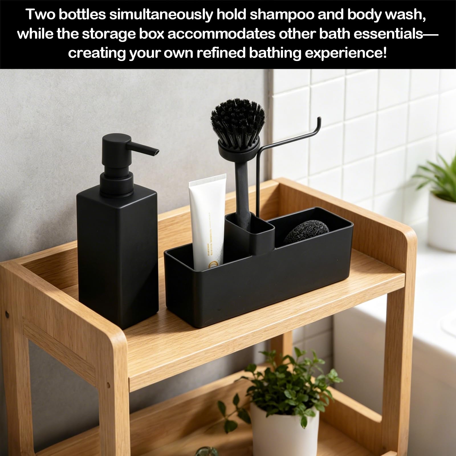 Set organizer per lavello nero a 5 pezzi, con 2 bottiglie, 1 scatola di stoccaggio, 1 spazzola e 1 pallina pulente, ideale per cucina o bagno