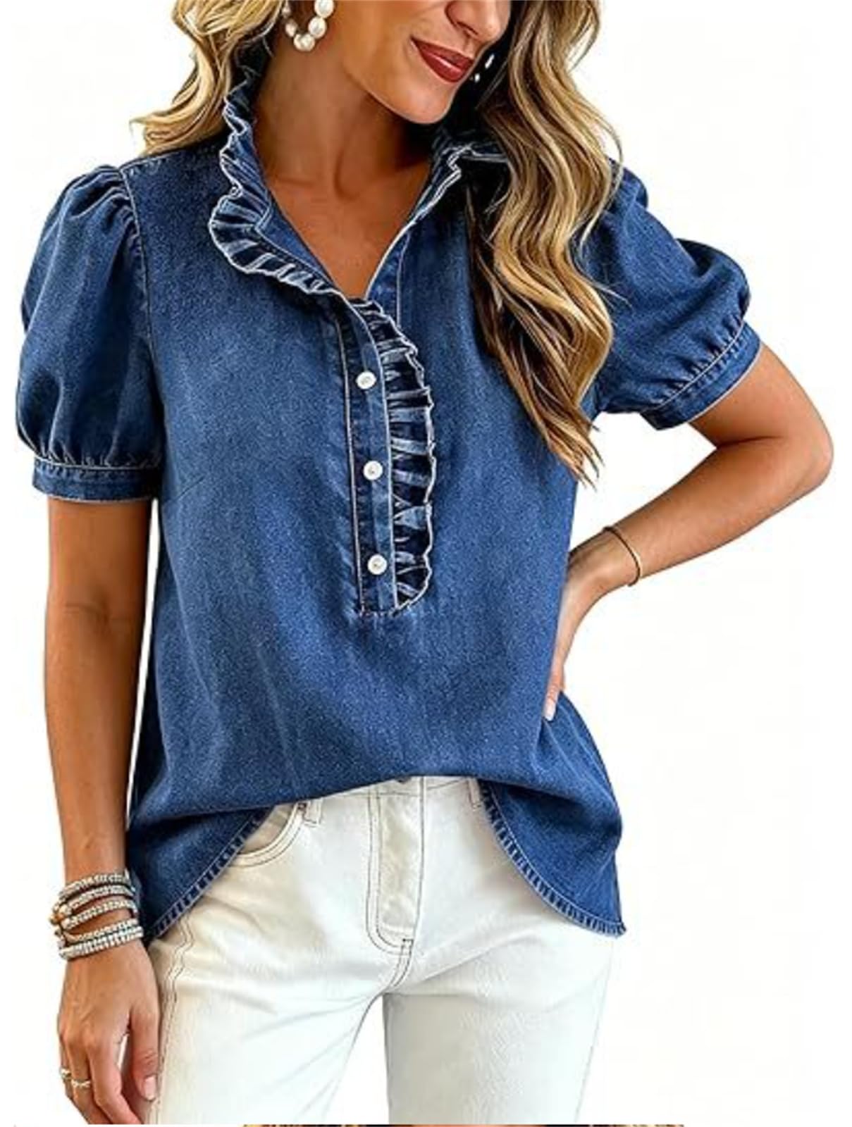 Blusa de Jean con Volantes y Botones para Mujer, Blusa de Mezclilla con Volantes, Manga Abullonada y Peplum, Blusas con Volantes para el Verano