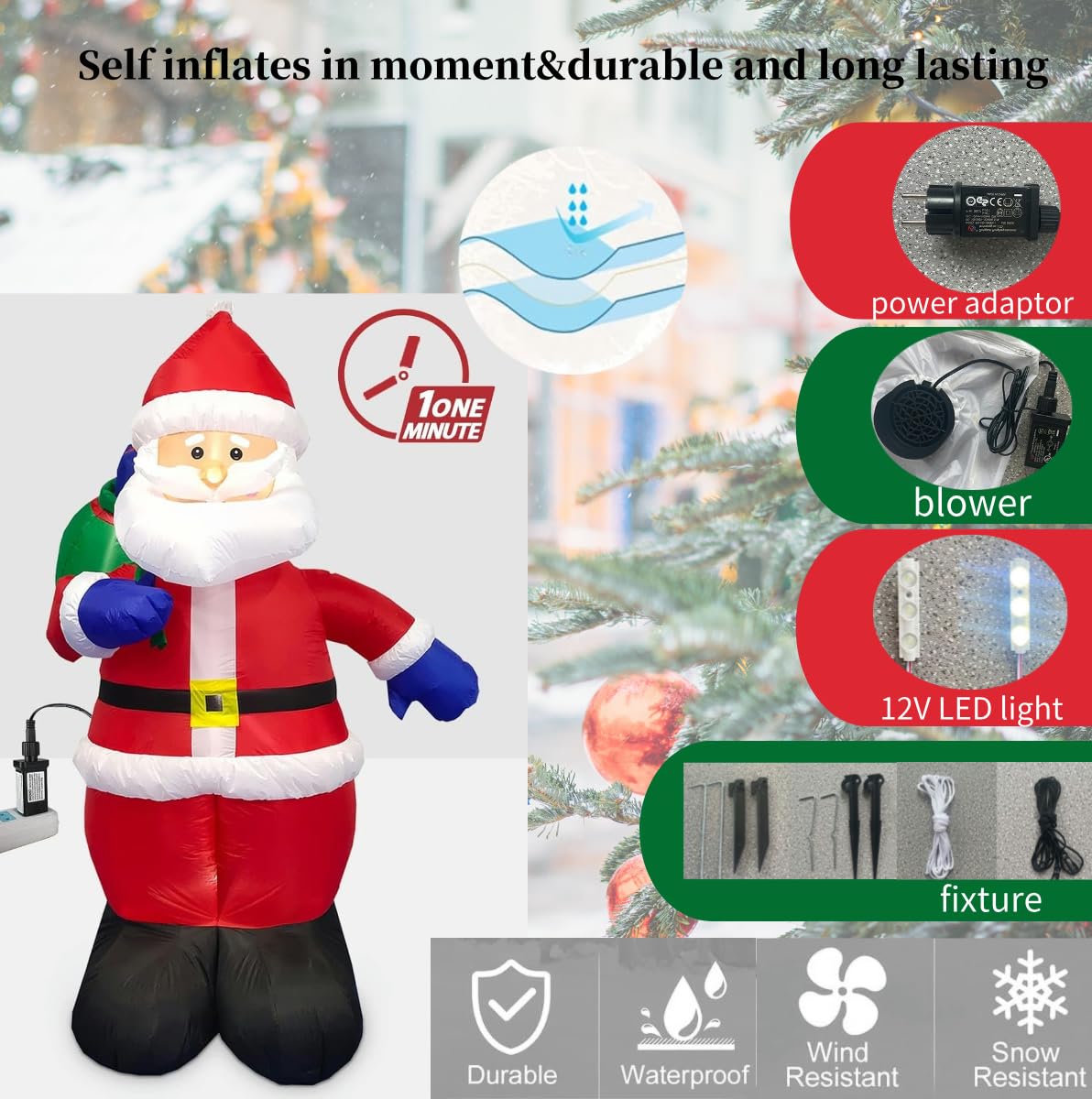 COSTWAY Decorazione Gonfiabile Di Natale 120 CM, Babbo Natale Illuminato E Corona Con Fiocco Rosso 5 Luci Led Soffiatore E 2 Corde Per Prato Casa Festa 85032259