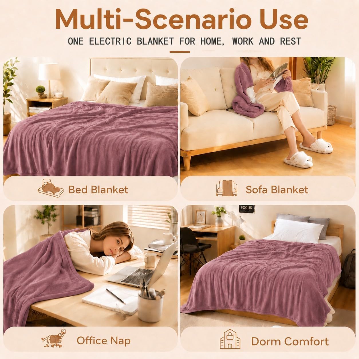 Electric Heated Blanket,Coral Fleece and Sherpa,Queen 84x90 in,Berry Shade