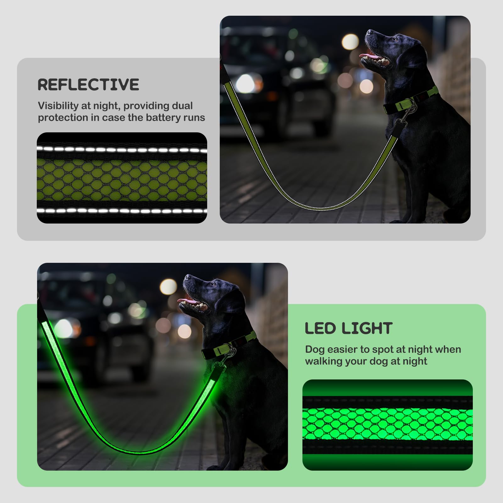 Candofly Correa LED para perro de 4 pies, recargable por USB, 3 modos de iluminación, brilla en la oscuridad, correas reflectantes de nailon para mascotas con luces para caminar por la noche (verde)