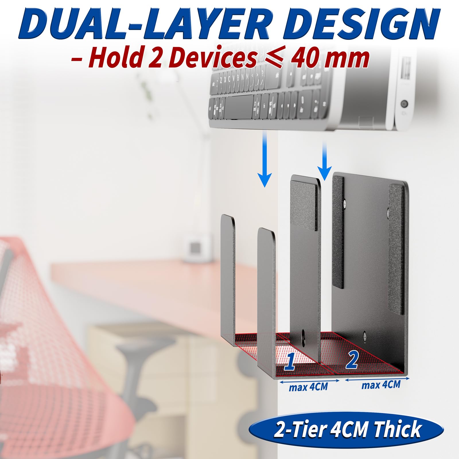 sciuU Supporto da Parete per Laptop Tablet Tastiera - Design a 2 Strati – Scaffale da Muro in Metallo Universale per 2 Dispositivi con Spessore < 4 cm, Staffa Versatile per TV box, Router, E-Reader