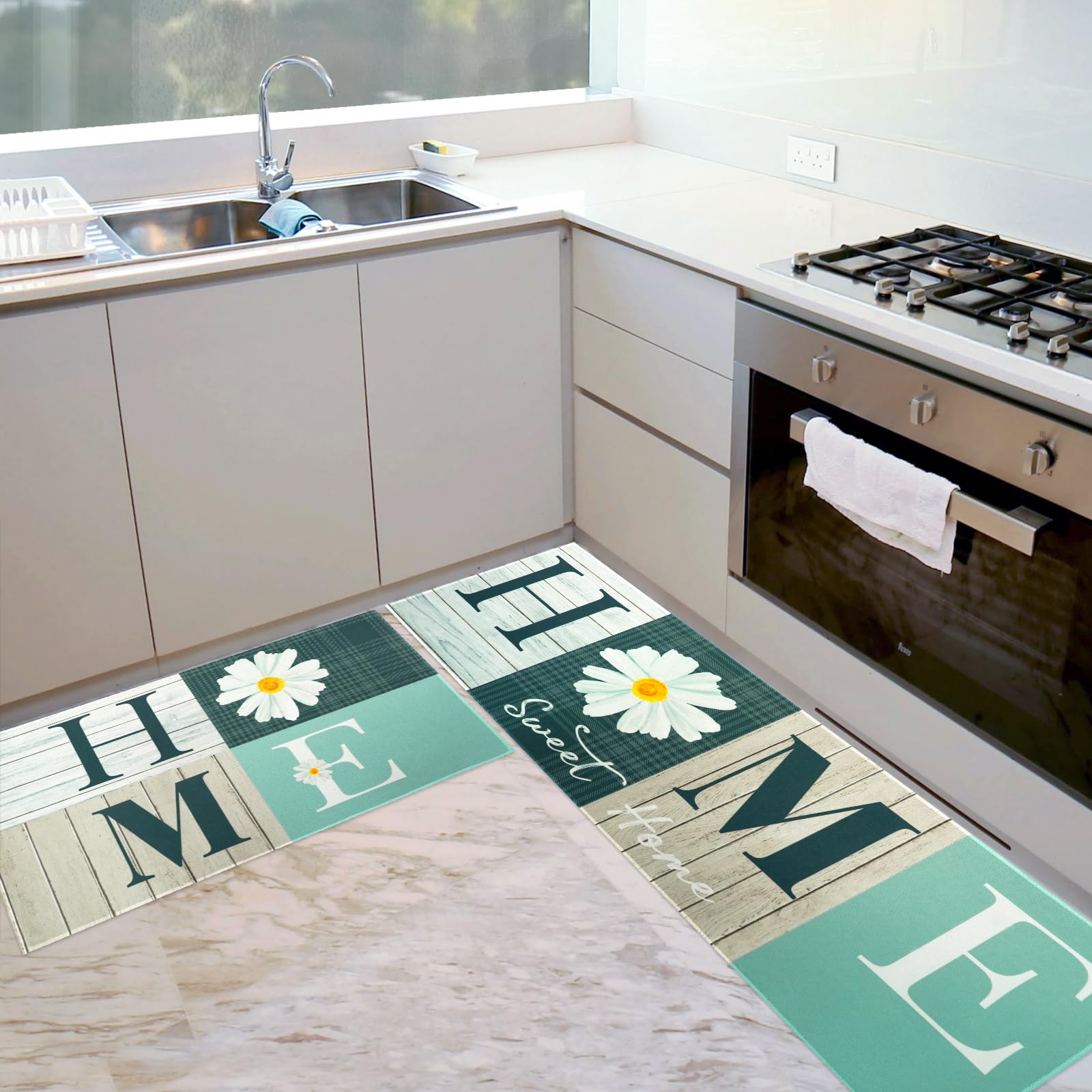 Paqoygl Floral Kitchen Mats Set of 2, Farmhouse Modern Woodgrain Kitchen Mats for Floor Area Runner Rugs Teal Kitchen Decor Accessories Stuff, 17x30