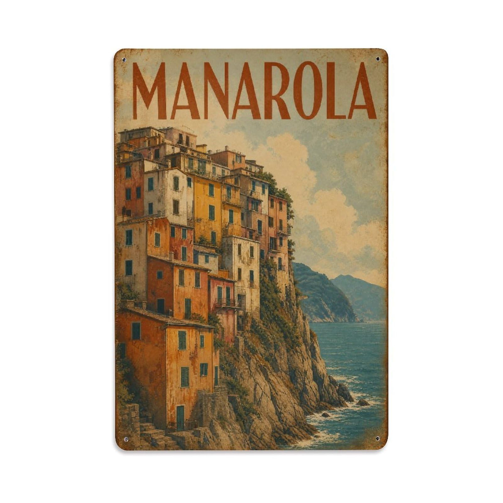 Huiyhb 8X12inch(20X30cm) Vintage Travel Manarola Cliffside Architecture Vertical Houses Italy Metal Tin Sign