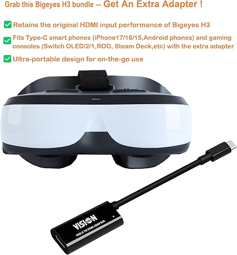 Vista 4 de Bigeyes H3 Personal Mobile Movie Cinema -Video Glasses with HDMI Input,Video Goggles,Built in Battery,Not VR HMD,Connected to Various Media Sources