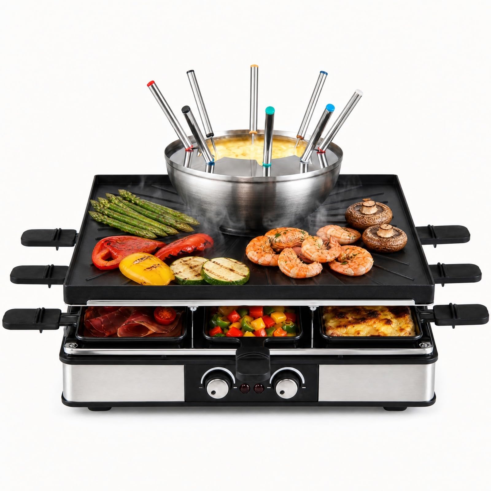 LIFEZEAL 3 en 1 Appareil à Raclette et Fondue pour 8 Personnes 1800W | Grill Électrique avec Plaque Double Face Réversible, Double Thermostat Réglable, avec 8 Poêlons, 8 Spatules et 8 Fourchettes