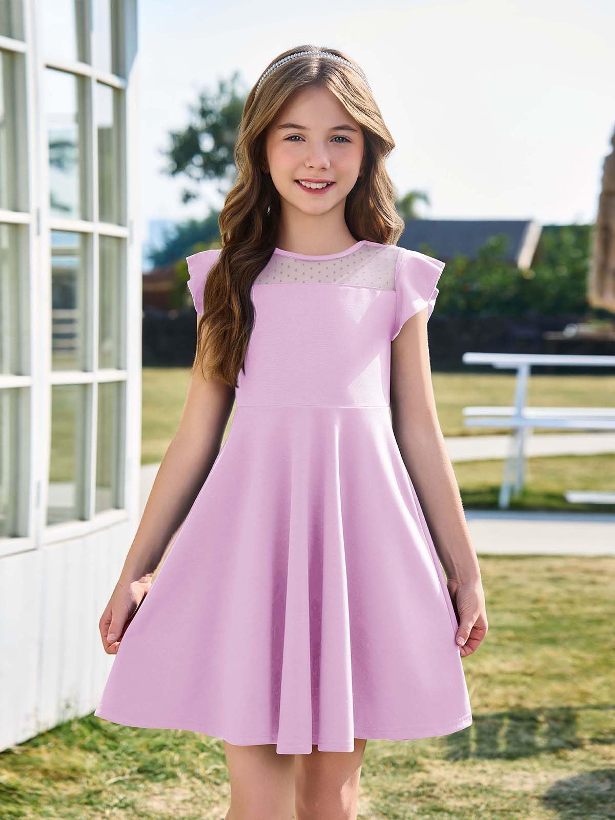 Vestido de niña con volantes princesa, vestido de fiesta de malla línea A, vestido de verano para boda