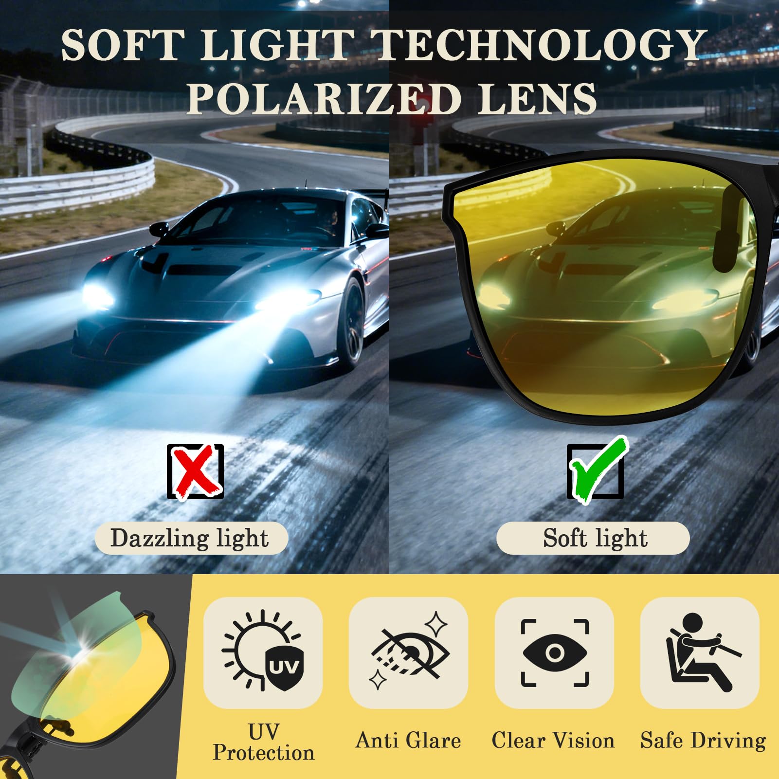 Kiiwah Okulary do jazdy nocnej z klipsem, polaryzacyjne okulary noktowizyjne Flip Up Yellow Crystal dla mężczyzn i kobiet skutecznie minimalizują odblaski reflektorów