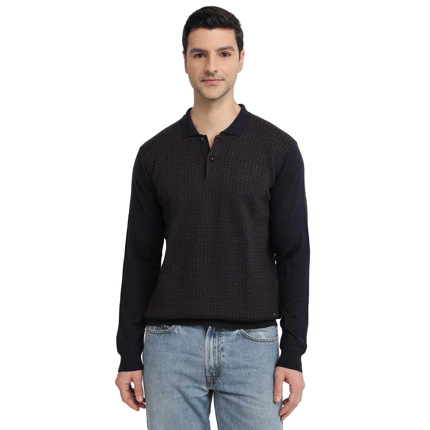 Men Contemporary Fit Structure Pattern Merino Wool Acrylic Blend Polo Neck Full Sleeve Casual Sweater Blue-image-39