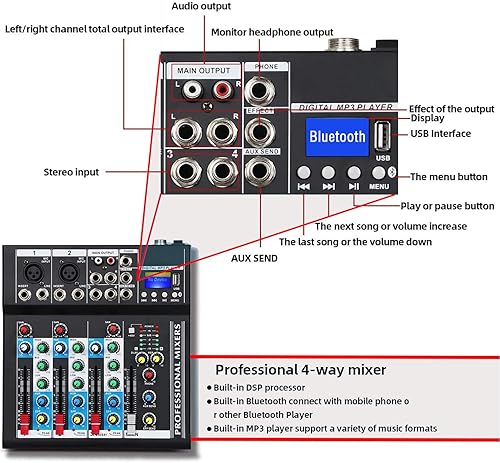 Miniatura 4 de Boytone. Mezclador de audio profesional Placa de sonido Sistema de consola Interfaz de 4 canales USB digital Bluetooth Digital MP3 Entrada