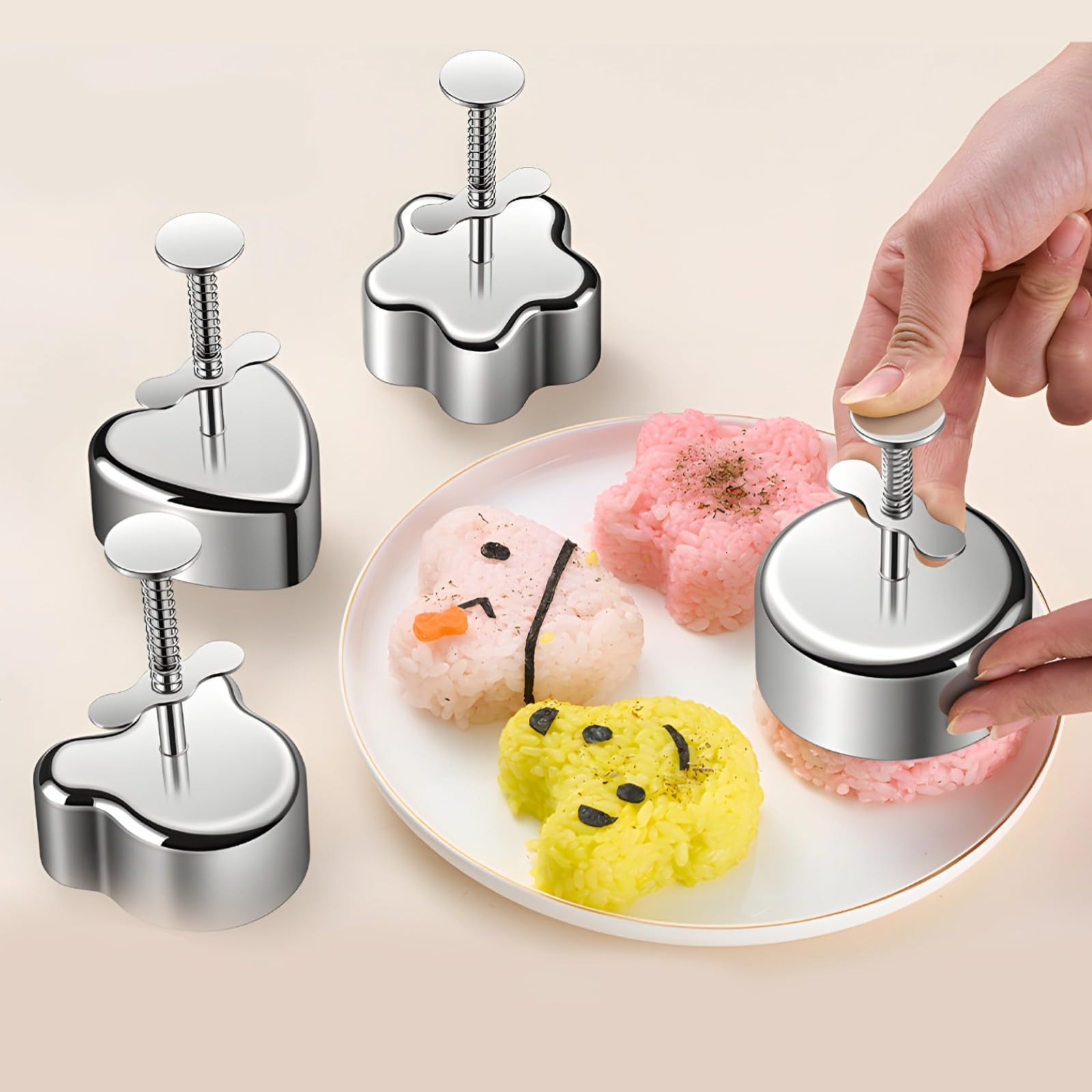 4 Stk. Reismold-Set, Reisbällchen-Former aus Edelstahl, Metall-Sushi-Form mit leichtem Pressmechanismus, mit Bär-, Blumen-, Herz- und runder Form, für Snacks, Burger und Bento