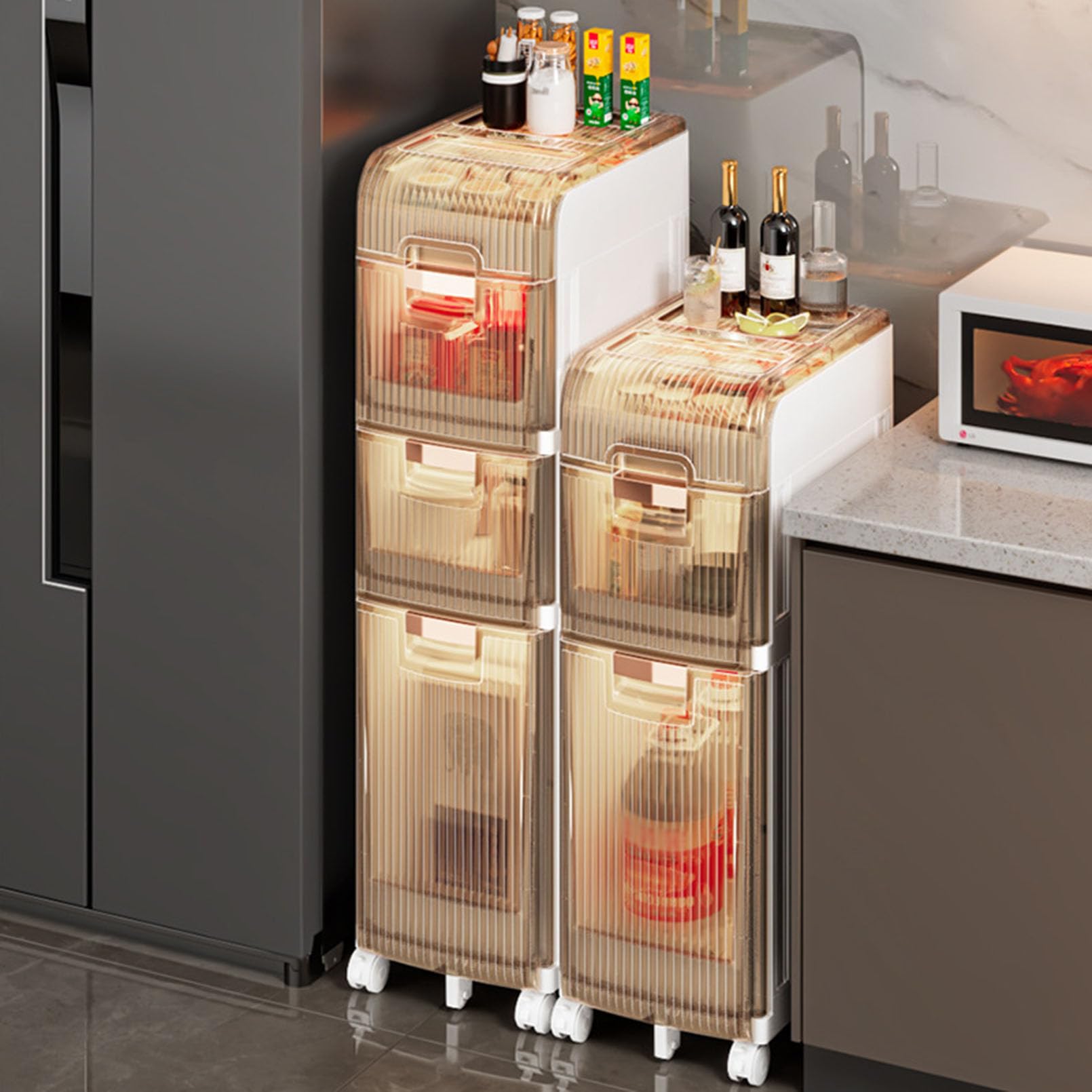 Aparador con cajón y costura Ultra estrecha para cocina, armario de suelo con cajones transparentes y ruedas, Ideal para baño, dormitorio y lavandería.