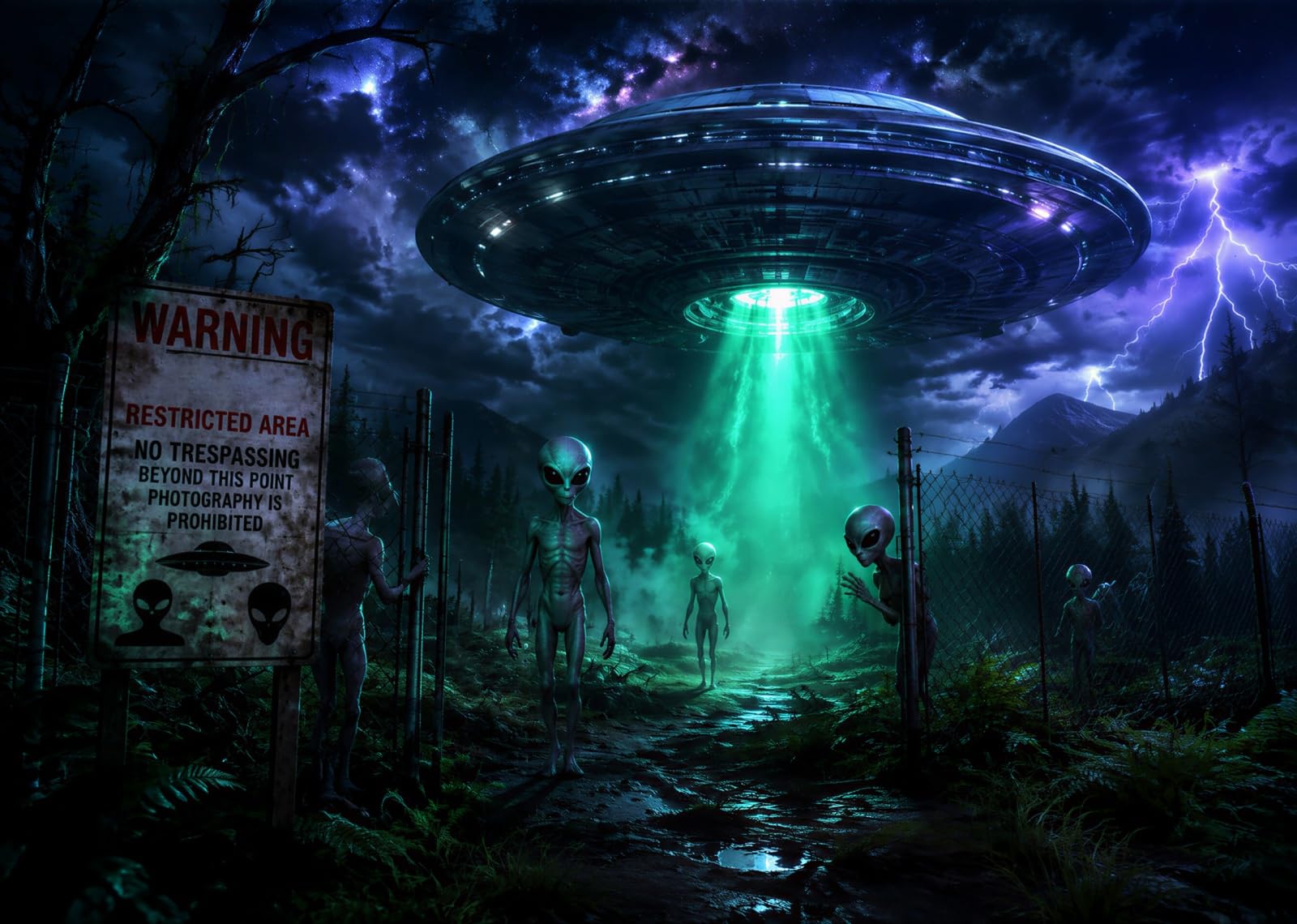 10x10FT Stoff Alien Landung Wald mit Blitzen Foto Hintergrund