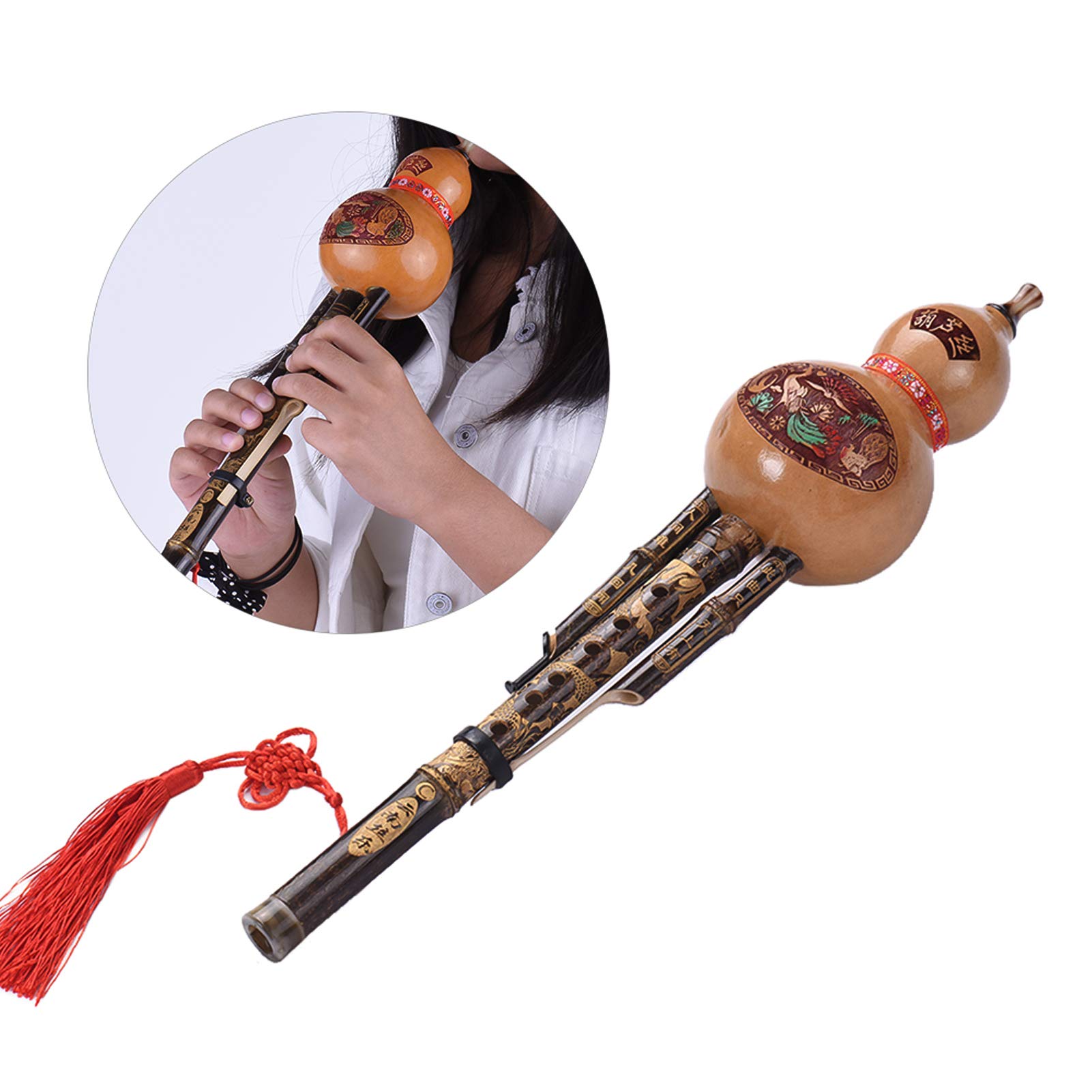 Chinesische handgefertigte schwarze Hulusi-Kürbis-Flöte aus Bambus, ethnisches Musikinstrument, Tonart C, mit Etui für Musikliebhaber