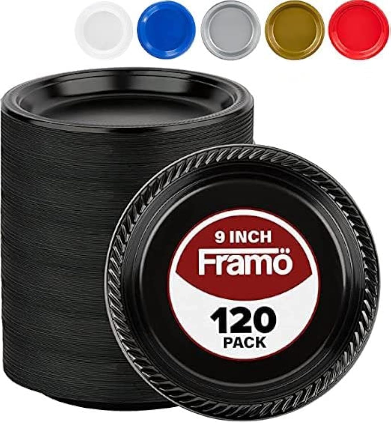 Framo Disposable Black Plastic Plates, Pack of 120-9-Inch Round Plastic Plates Special Events, Party, Dinner, Picnic, or Travel - Bulk Pack Party Supplies