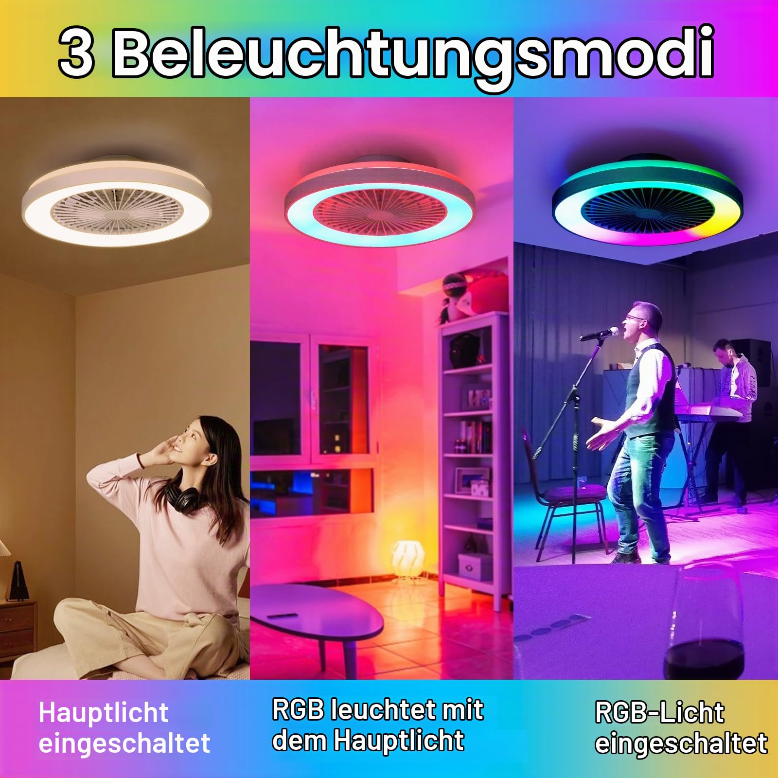 Deckenventilator mit Beleuchtung für Schlafzimmer, Ø48cm, Leise DC Motor 20W, Fernbedienung, 6-Gang, Moderne LED 40W Deckenleuchte mit Ventilator, RGB, Dimmbar, 3000K-6000K, Sommer Winterbetrieb