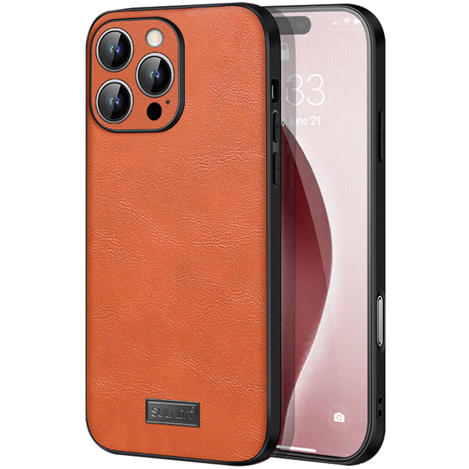 Case for iPhone 16/16 Plus/16 Pro/16 Pro Max, PU Leather Back Panel with TPU Frame, Comfortable Grip with Delicate Leather Texture, Advanced Lens Protection,Orange,16 Pro Max