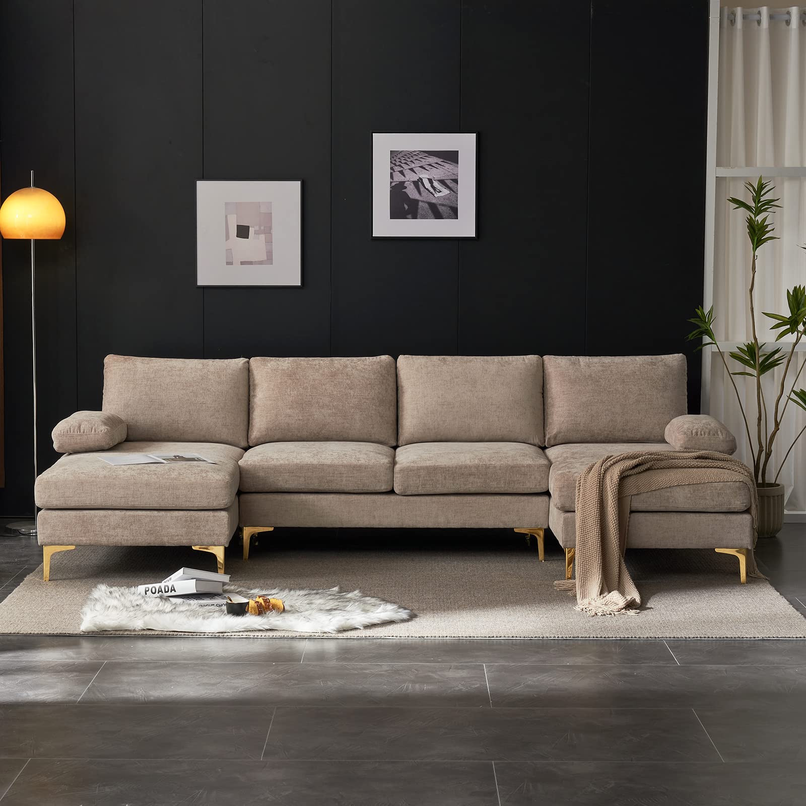 ((Box B)) VINGLI U-Shape Sectional Sofa,U Shaped Couch for Living Room,110" Modern Sectional Couch with Soft Chenille Fabric,Double Lounge Chaise,Metal Legs?Khaki?