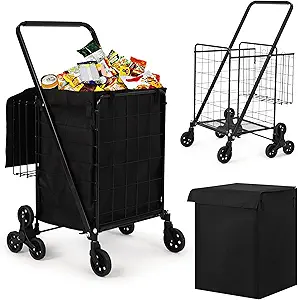 Grocery Shopping Cart, Stair Climbing Shopping with Waterproof Basket Liner & 360° Rolling Swivel Wheels, Portable Collapsible Grocery for Laundry, Luggage Camping, Black