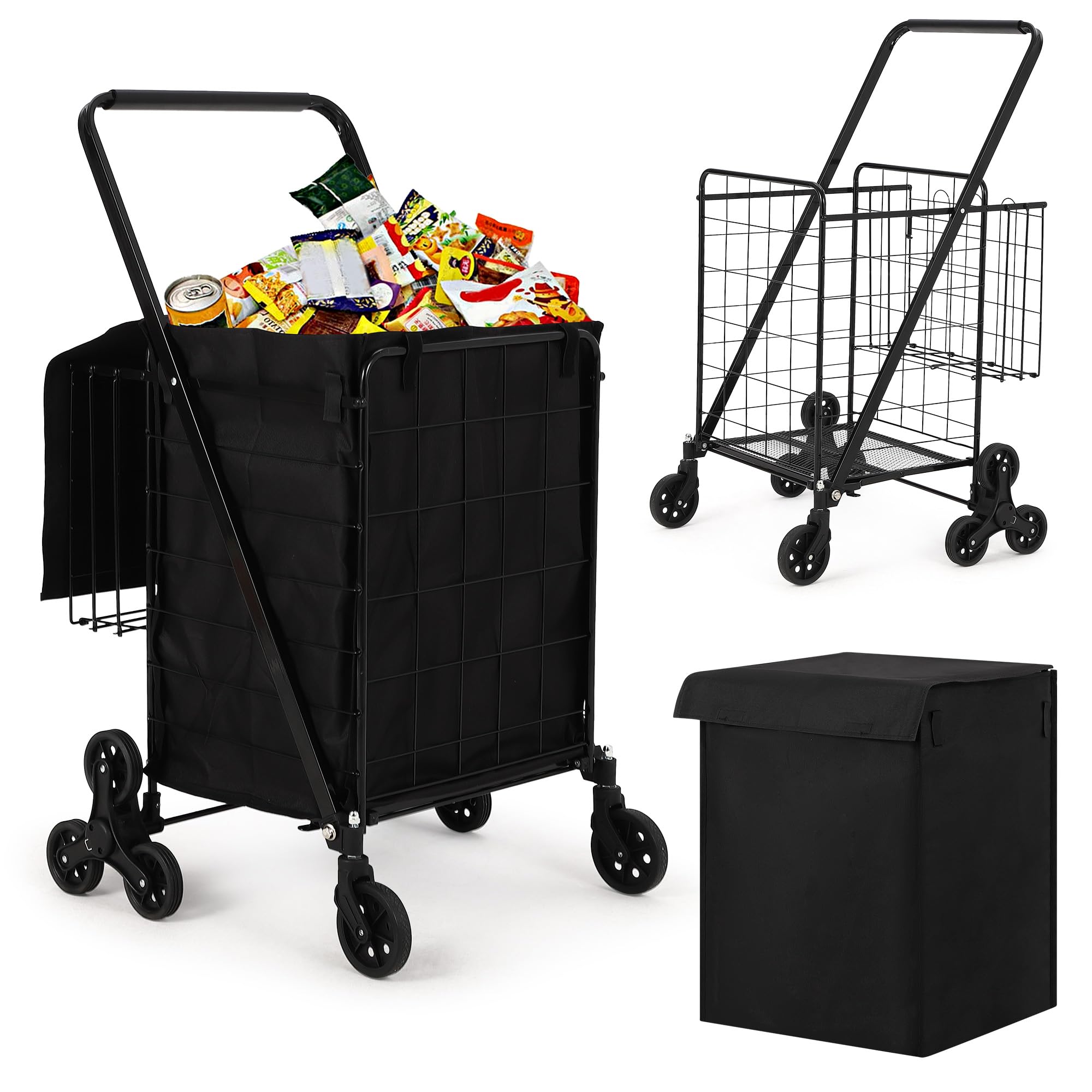 Carrello della spesa, carrello della spesa per salire le scale rivestimento impermeabile e ruote girevoli a 360°, carrello della spesa pieghevole portatile lavanderia, bagagli, campeggio