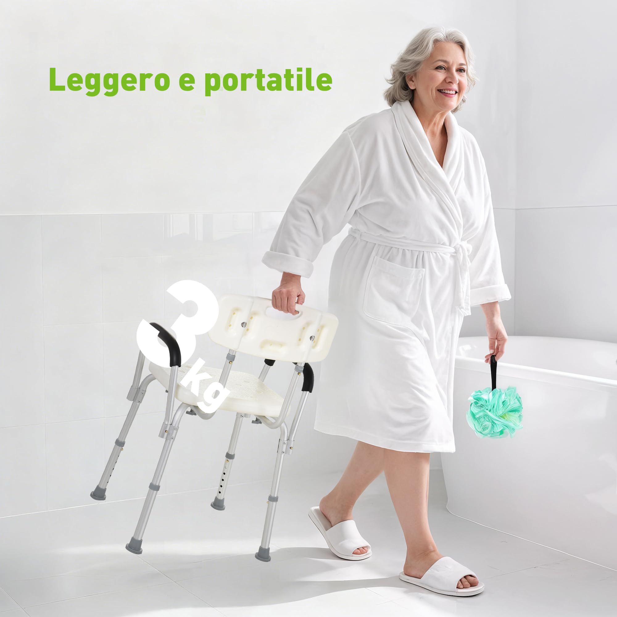 HOMCOM Sedia Doccia con Schienale, Braccioli, Altezza Regolabile, Sgabello Doccia con Piedini Antiscivolo, Montaggio Senza Attrezzi, Sedile per Anziani e Disabili, Interno, Bianco