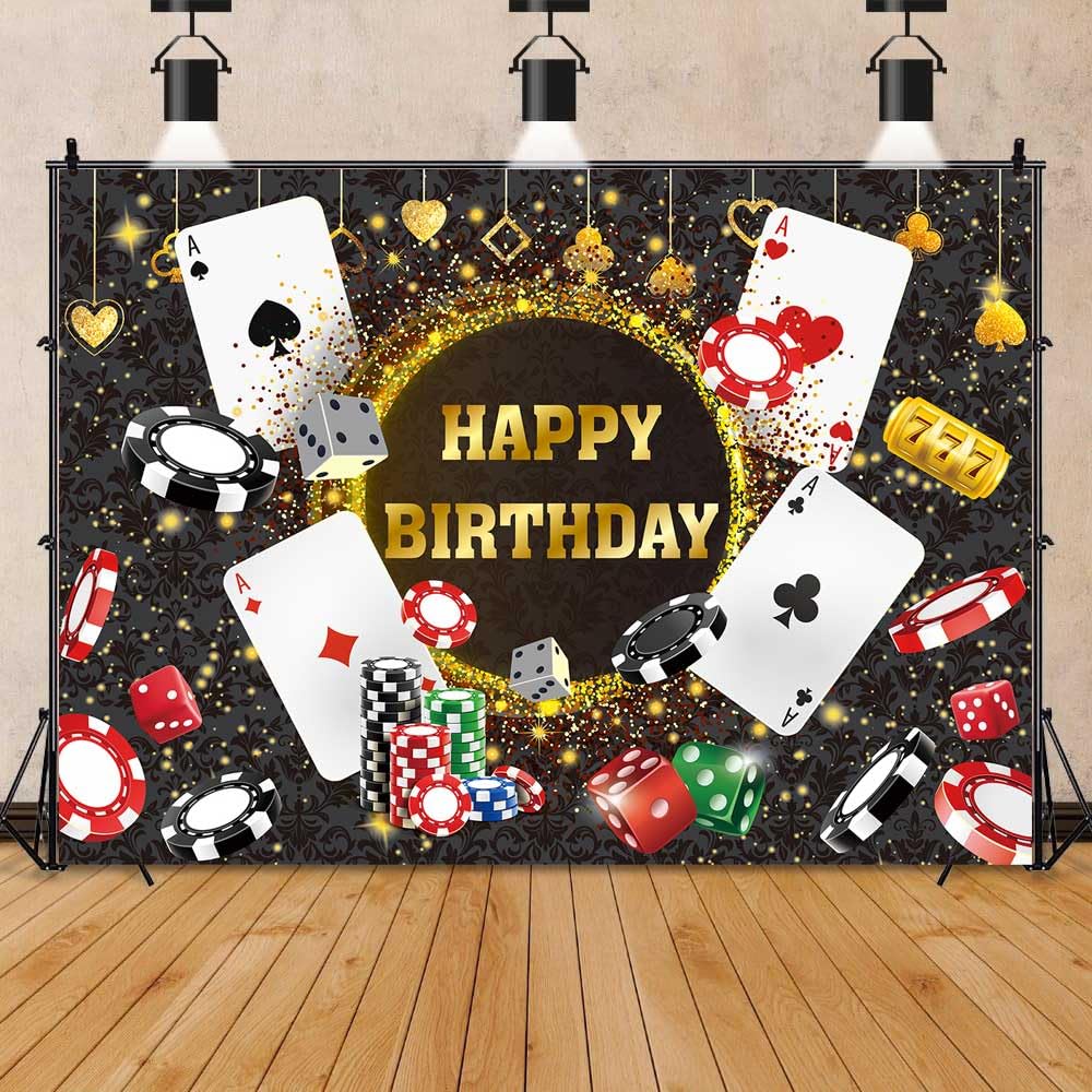 Casino Birthday Backdrop Las Vegas Casino Night Party Background for Casino Theme Poker Dice Gold Glitter Happy Birthday Party Decorations Banner (8X6FT(94X70inch))