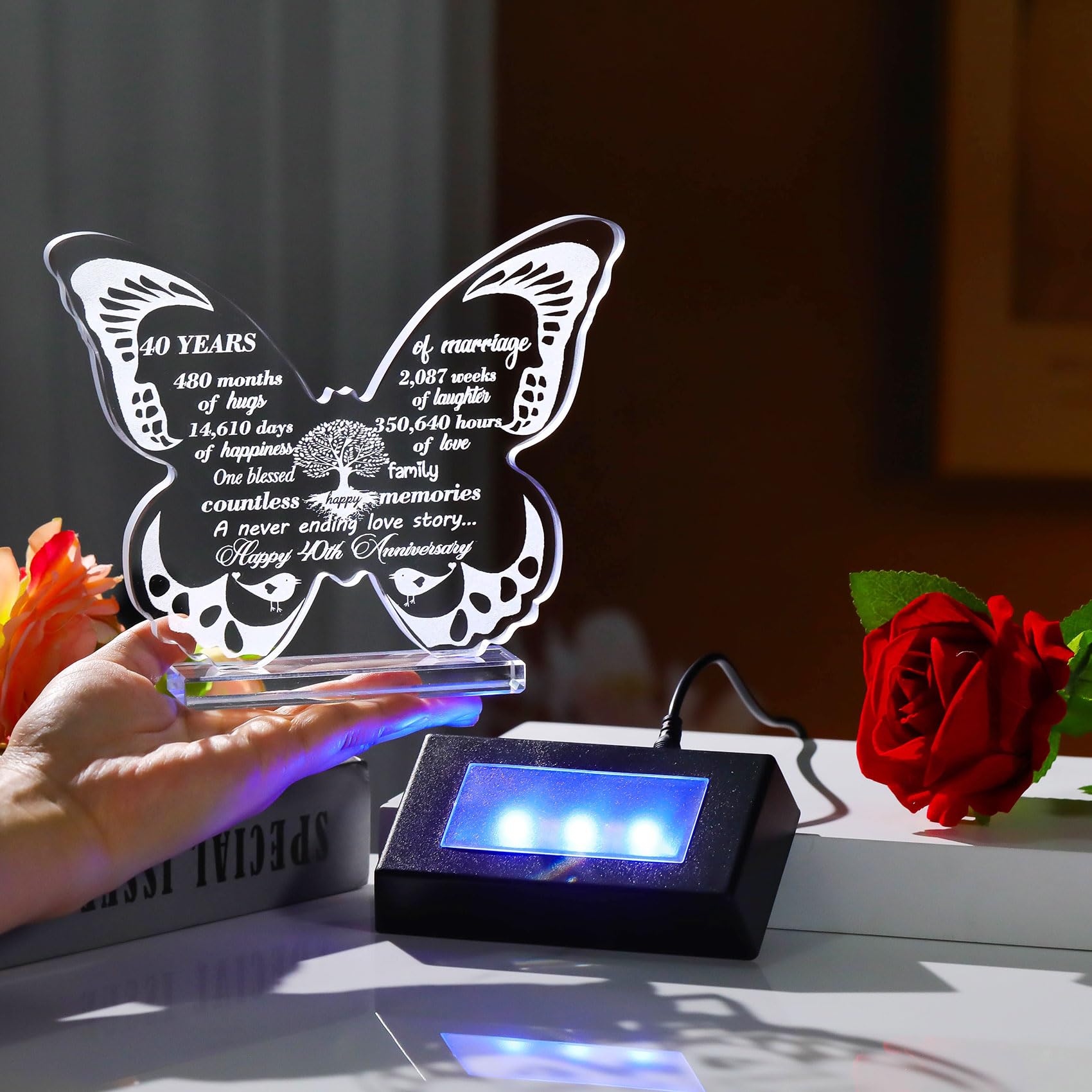 13.6cm Glass Happy 40th Wedding Anniversary Crystal Butterfly Gifts for Parents 40 Years of Love Anniversary Keepsake with LED Base Presents for Wife Friends Women Men - Image 4