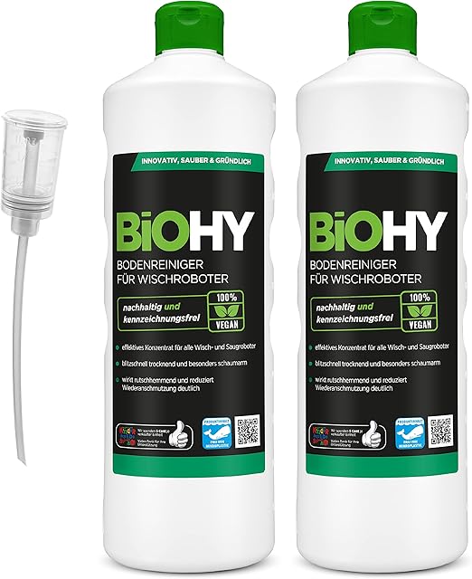 BiOHY Środek do czyszczenia podłóg dla robotów mopujących (2 x butelka 1l) + dozownik | Potężny koncentrat do wszystkich robotów mopujących i odkurzających z funkcją na mokro (Wischroboter)