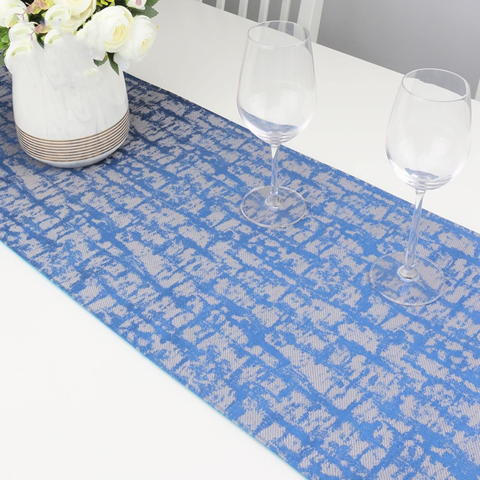 Camino de Mesa Navideño, Centros Decorativos de Mesa Boda Patrón Abstracto de Triángulo Borla Azul Zafiro Algodón 35x228CM