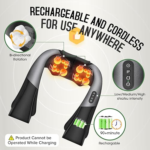 Miniatura 2 de Masajeador Shiatsu inalámbrico de cuello y hombros, masajeador de espalda con calor, masaje de tejido más profundo 4D para hombros, cuello y